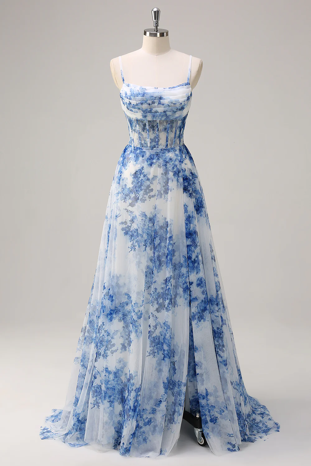 White Blue Flower Spaghetti Straps Corset Long Prom Dress with Slit - VNBITS
