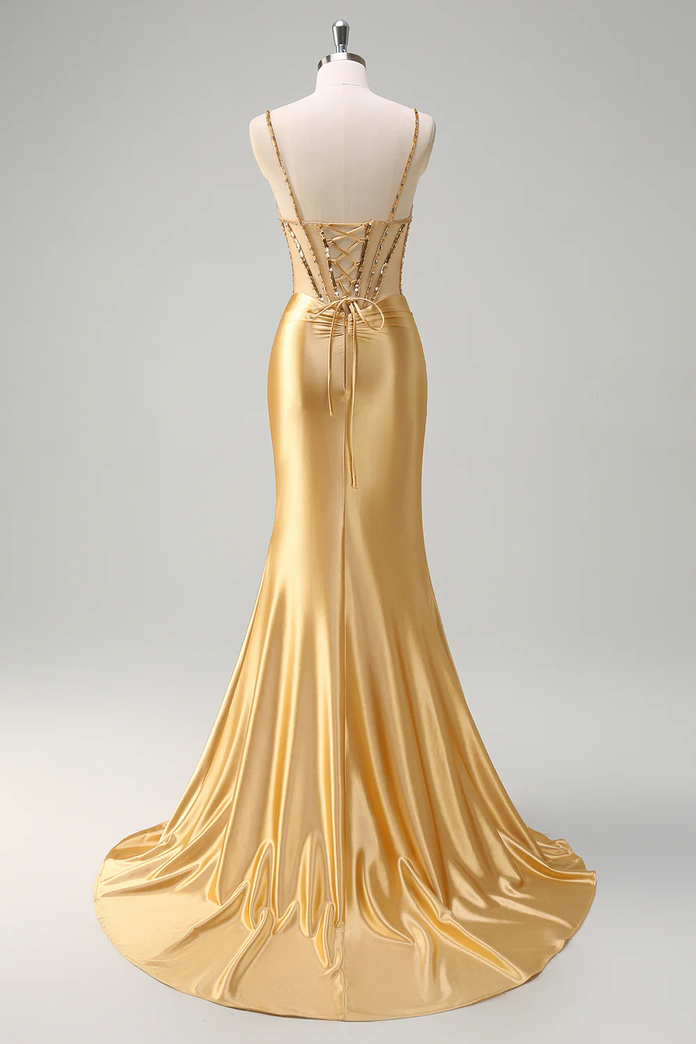Golden Mermaid Sequined Spaghetti Straps Long Prom Dress with Slit - VNBITS