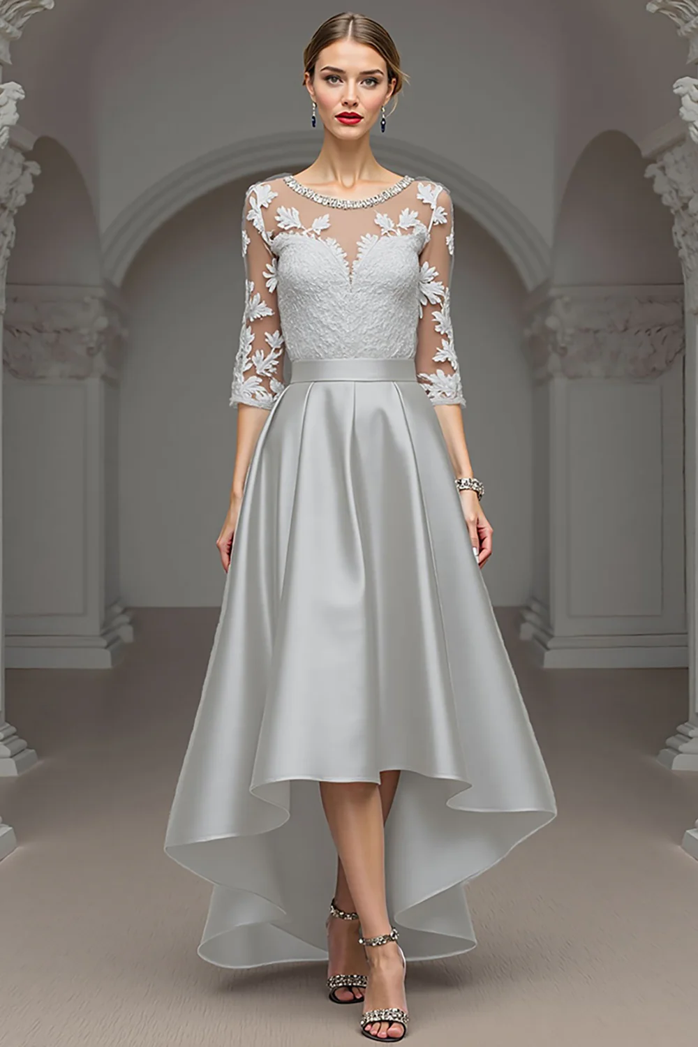 Navy A Line Long Satin Mother of the Bride Dress with Lace - VNBITS