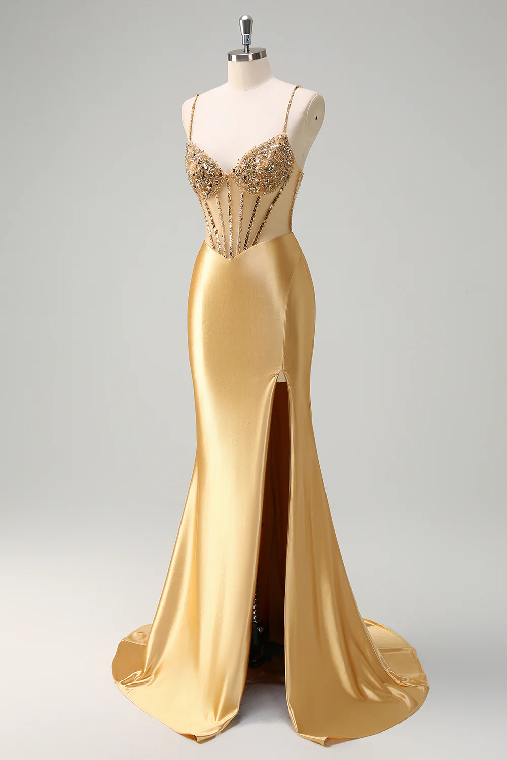 Golden Mermaid Sequined Spaghetti Straps Long Prom Dress with Slit - VNBITS