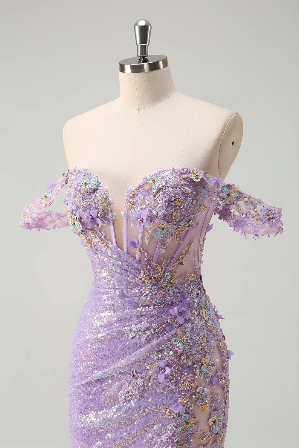 Sparkly Light Purple Mermaid Off The Shoulder Sequin Prom Dress with Slit - VNBITS