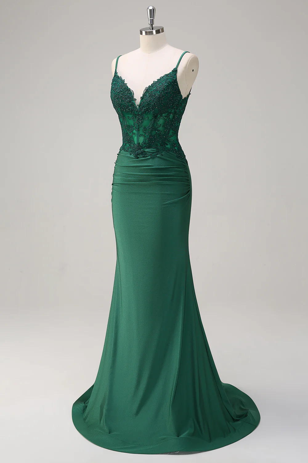 Dark Green V-Neck Mermaid Applique Spaghetti Straps Long Prom Dress - VNBITS