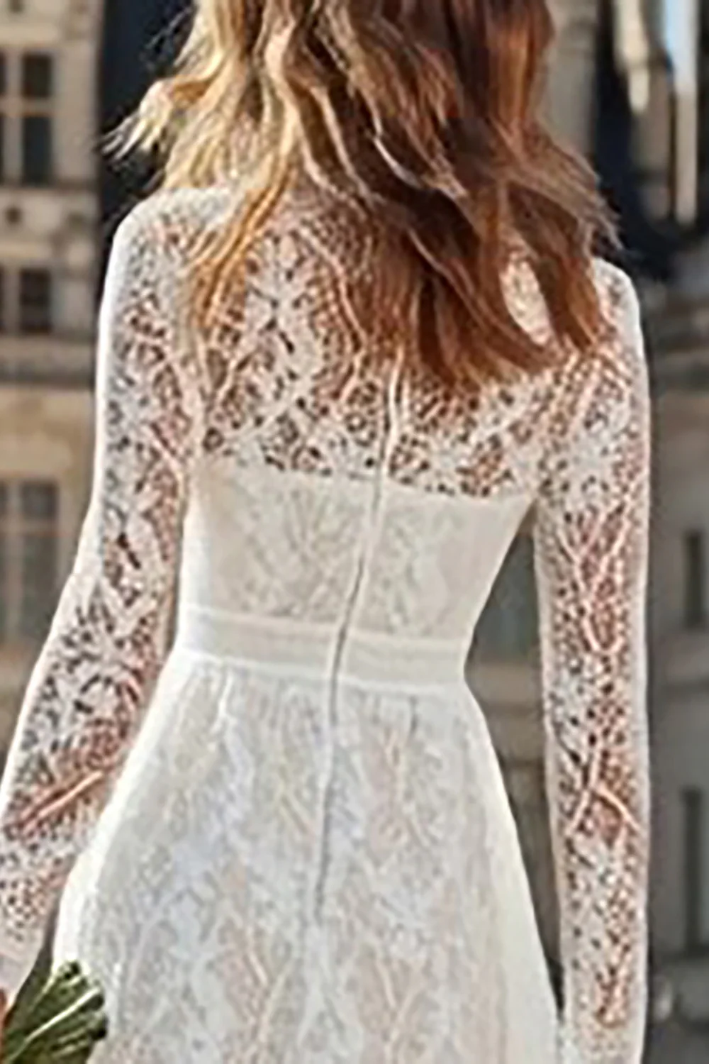 Ivory Lace High Neck Floor Length Wedding Dress with Sleeves - VNBITS