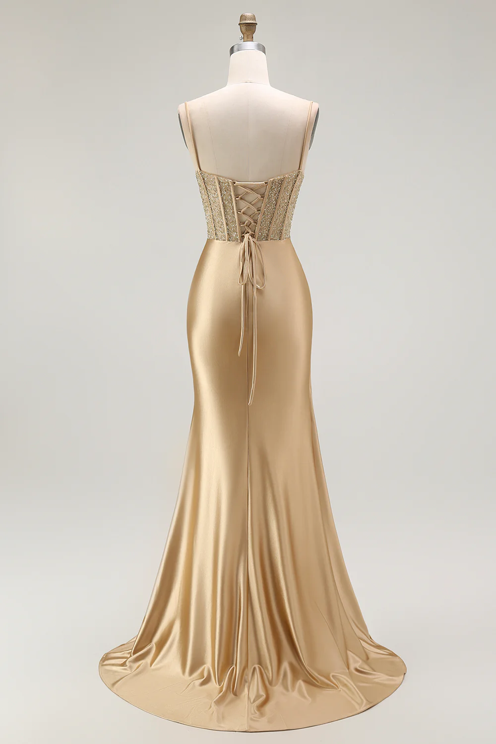 Sparkly Navy Satin Mermaid Long Corset Prom Dress with Beading - VNBITS