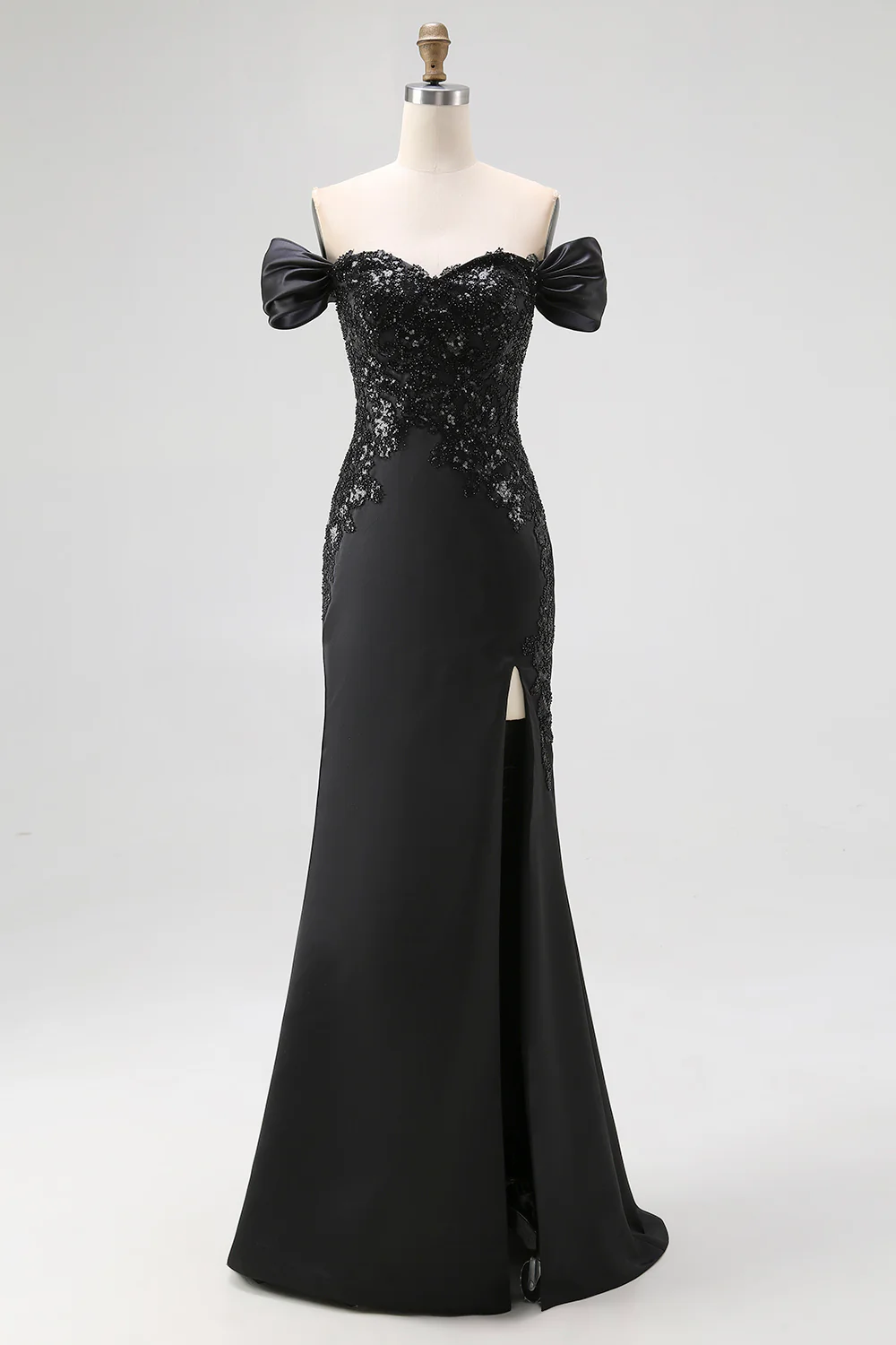 Sparkly Off the Shoulder Mermaid Long Satin Black Tie Dress with Slit - VNBITS