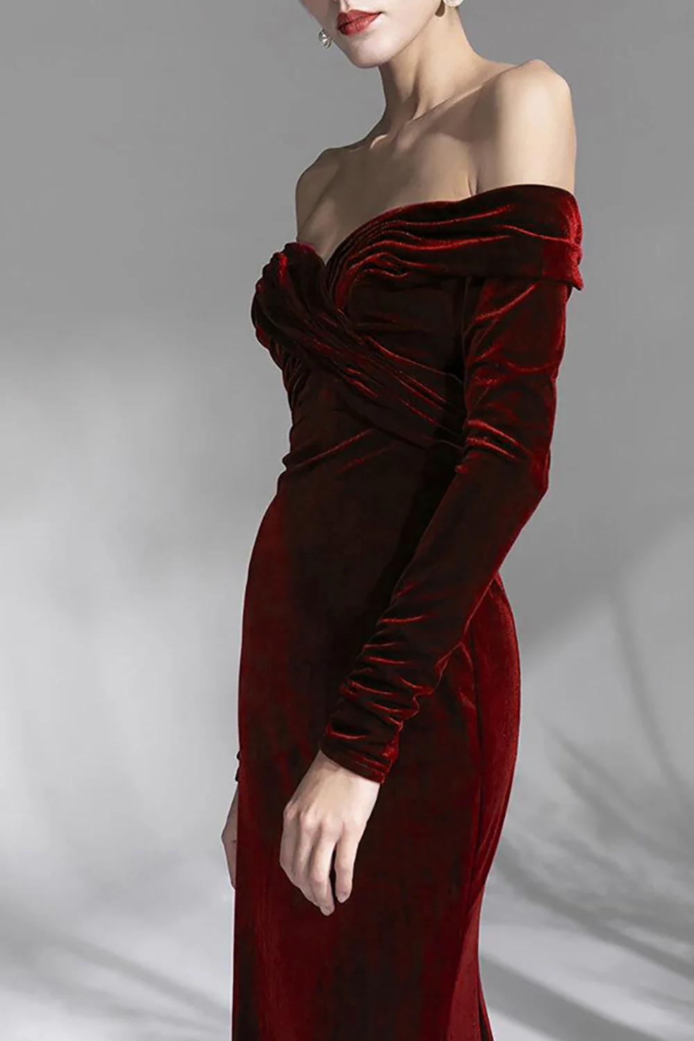 Burgundy Velvet Off the Shoulder Long Sleeves Floor Length Evening Dress - VNBITS