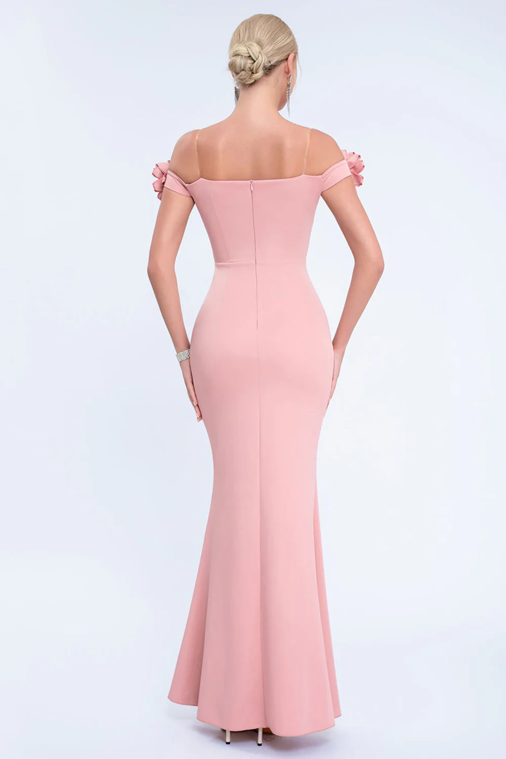 Blush Mermaid Off The Shoulder Long Prom Dress with 3D Flowers - VNBITS