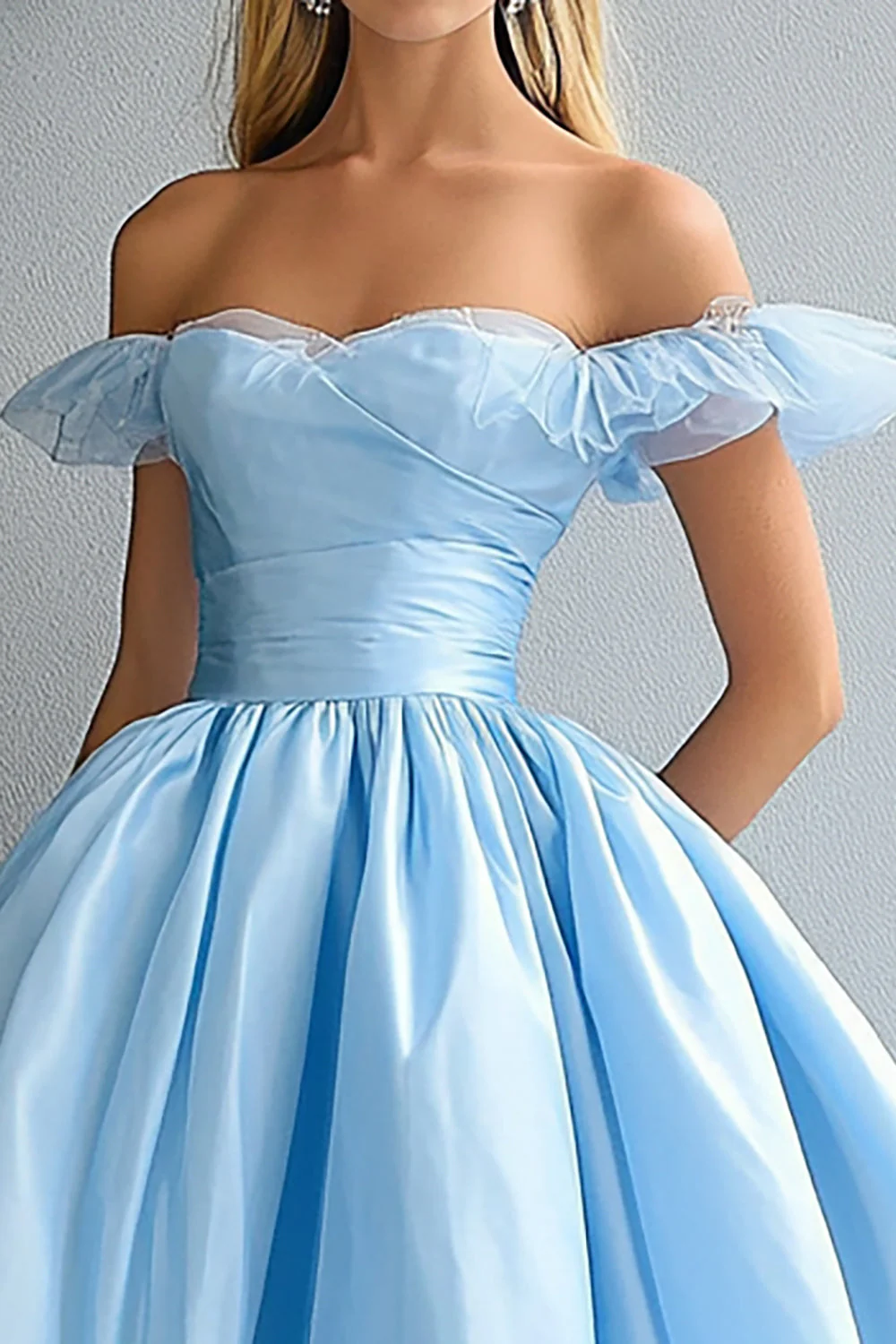 Sweetheart Sky Blue Ball Gown Off the Shoulder Long Prom Dress - VNBITS