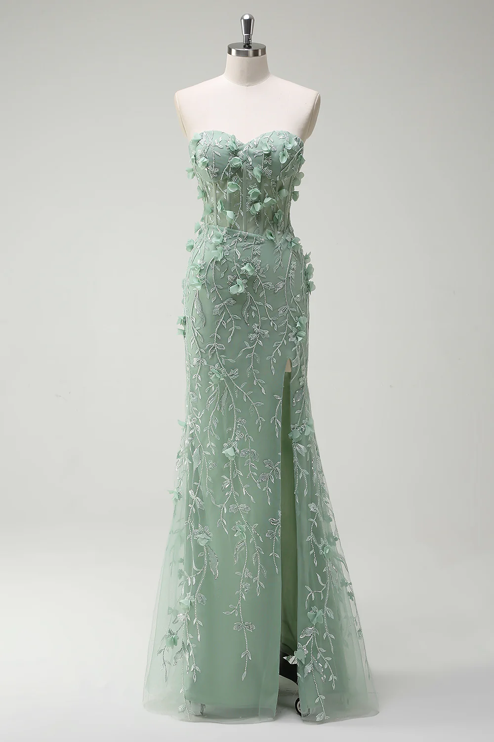 Sage Floral Beaded Mermaid Sweetheart Long Prom Dress with Slit - VNBITS