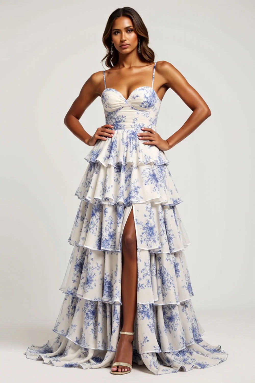 Blue Floral Tiered A Line Ruffled Long Prom Dress with Slit - VNBITS