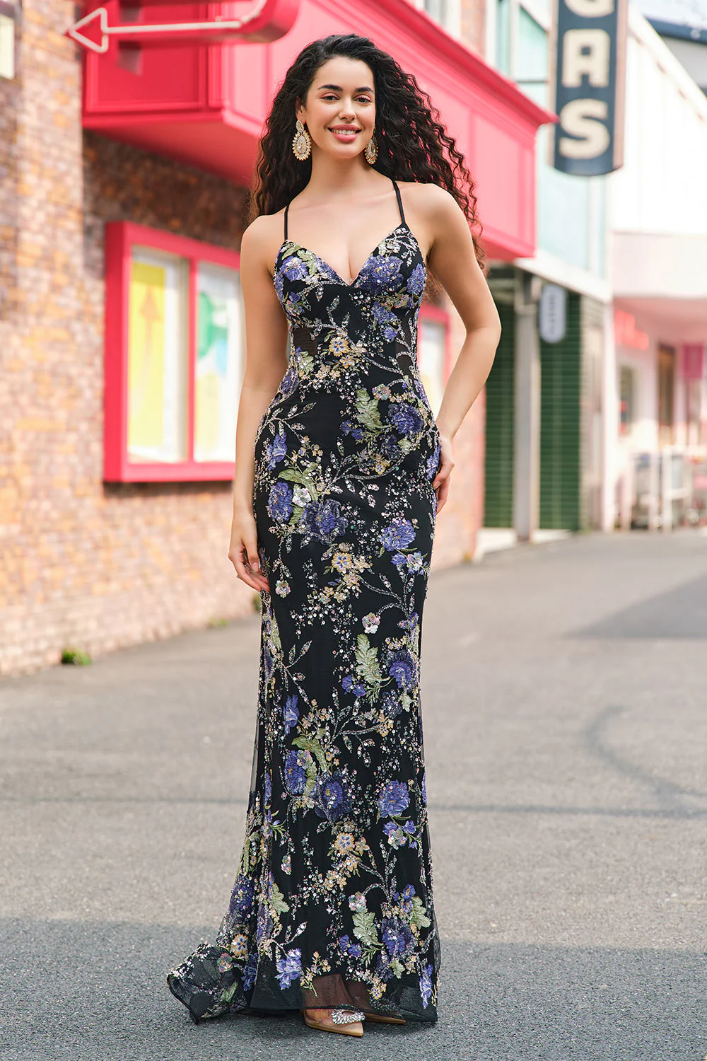 Sparkly Black Floral Mermaid Lace-Up Back Long Prom Dress - VNBITS