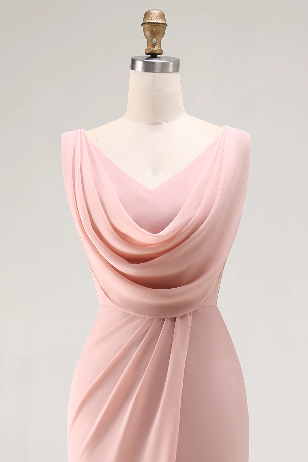Blush Pink Cowl Neck Long Bridesmaid Dress with Slit - VNBITS