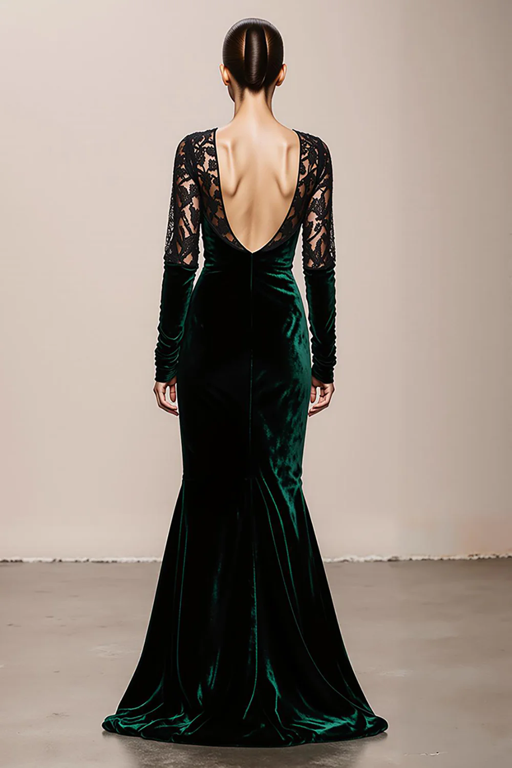Dark Green V-Neck Velvet Mermaid Long Formal Dress with Lace - VNBITS