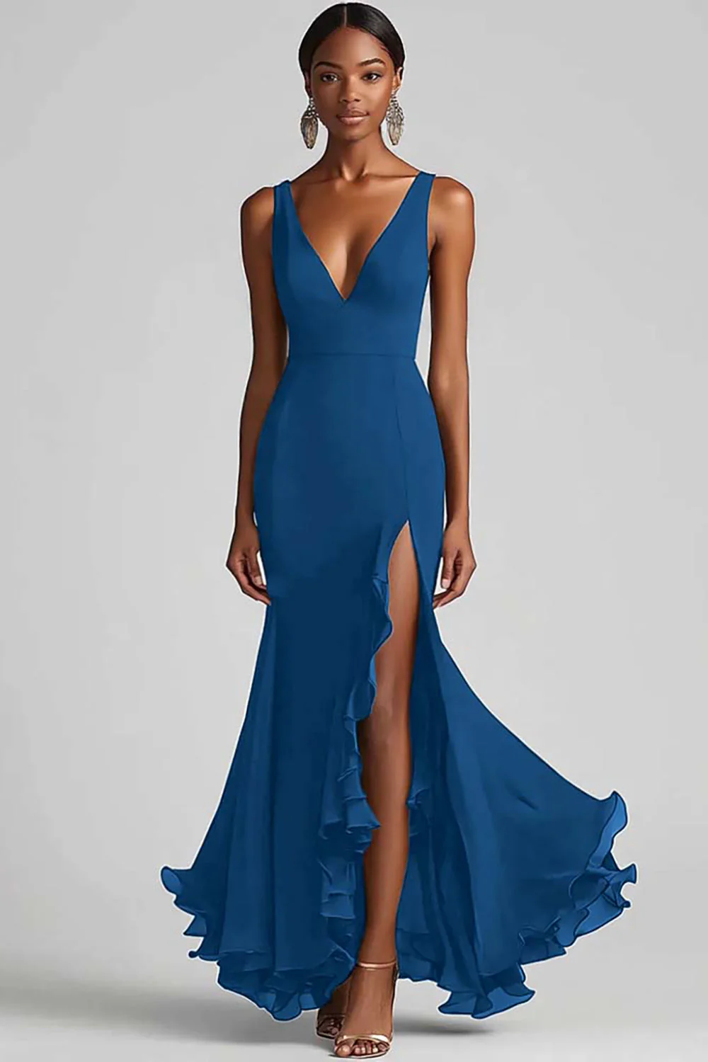 Ink Blue Chiffon V-Neck Ruffled Long Formal Dress with Slit - VNBITS