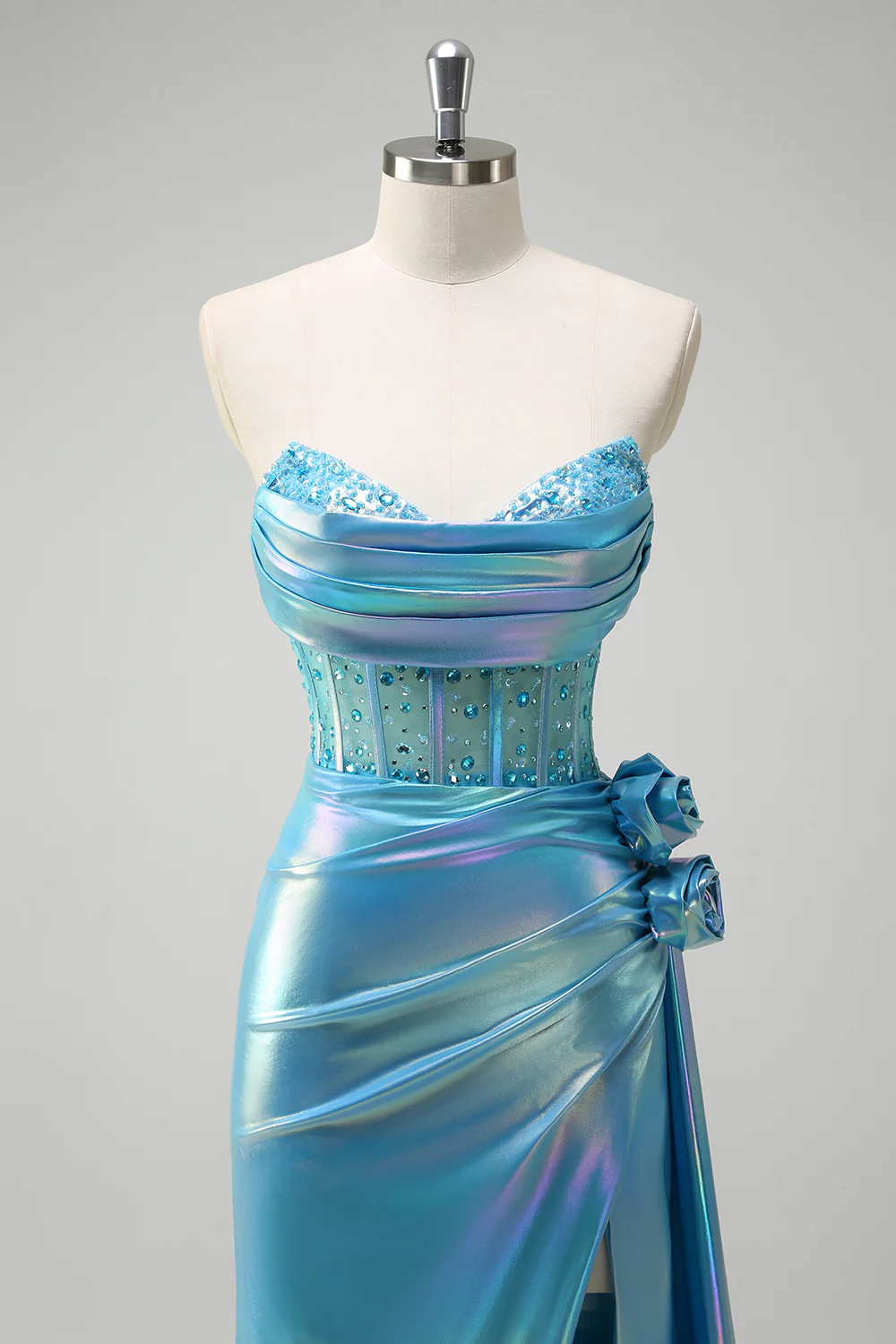 Sparkly Blue Flower Strapless Mermaid Long Prom Dress with Slit - VNBITS