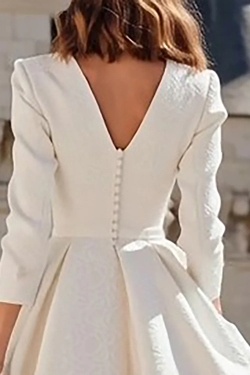 Simple Ivory A Line V-Neck Midi Engagement Dress with Sleeves - VNBITS