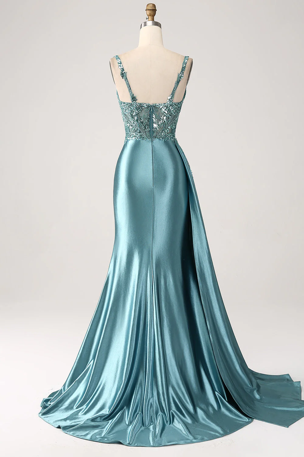 Blue Mermaid V-Neck Satin Long Appliques Sequin Prom Dress With Slit - VNBITS