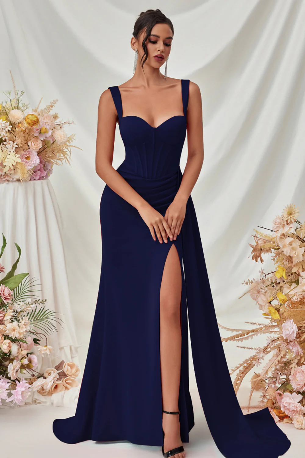 Simple Black Mermaid Long Prom Dress with Side Cape - VNBITS