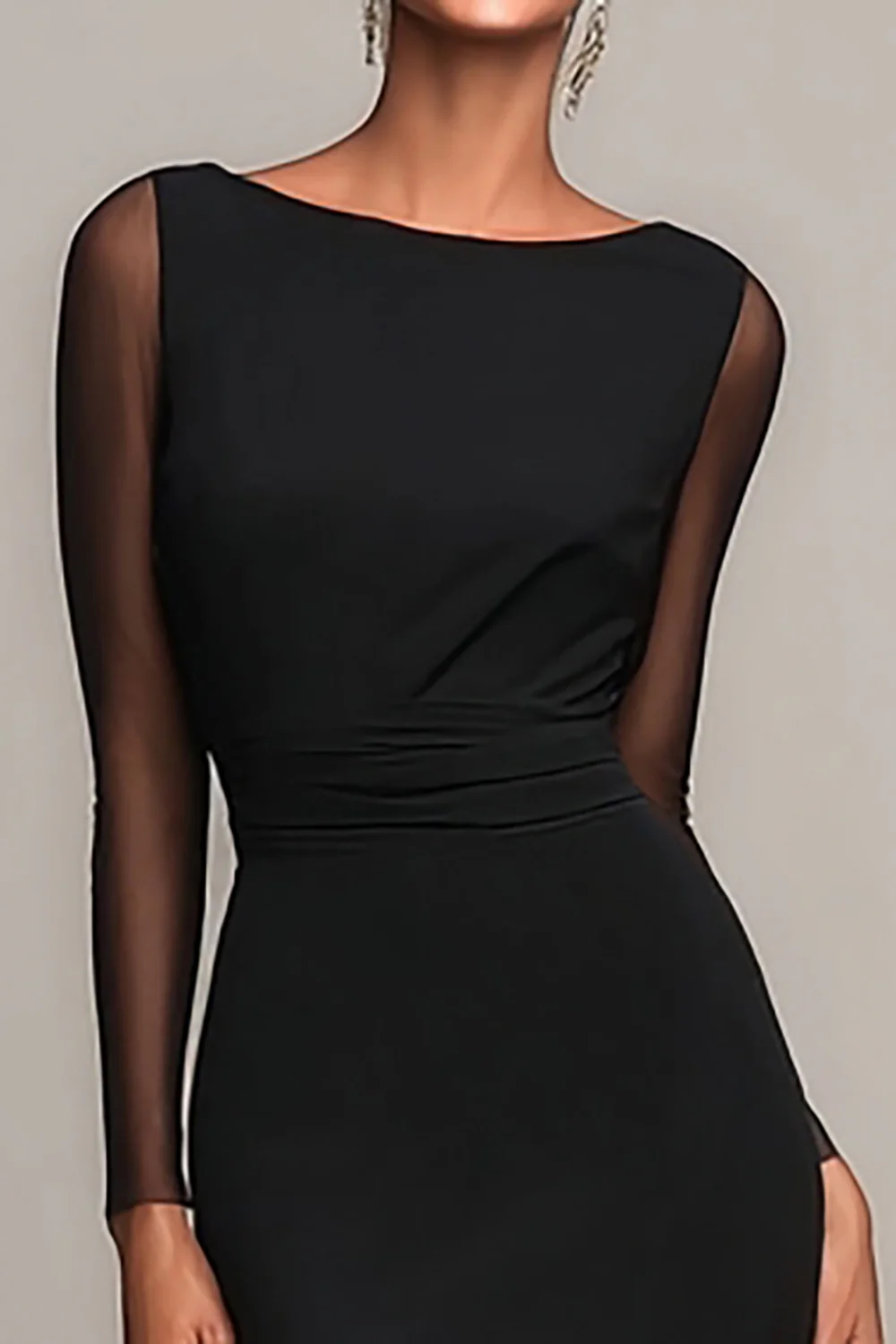Black Boat Neck Mermaid Long Formal Dress with Sleeves - VNBITS