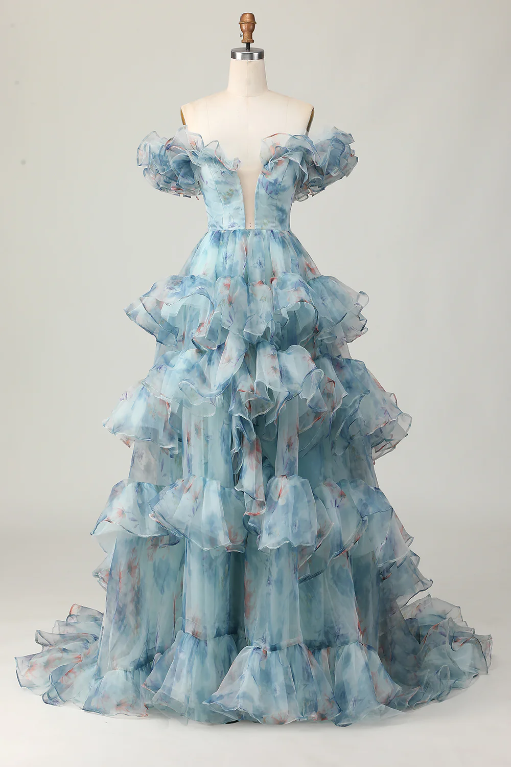 Floral Blue Off the Shoulder A Line Long Prom Dress with Ruffled - VNBITS