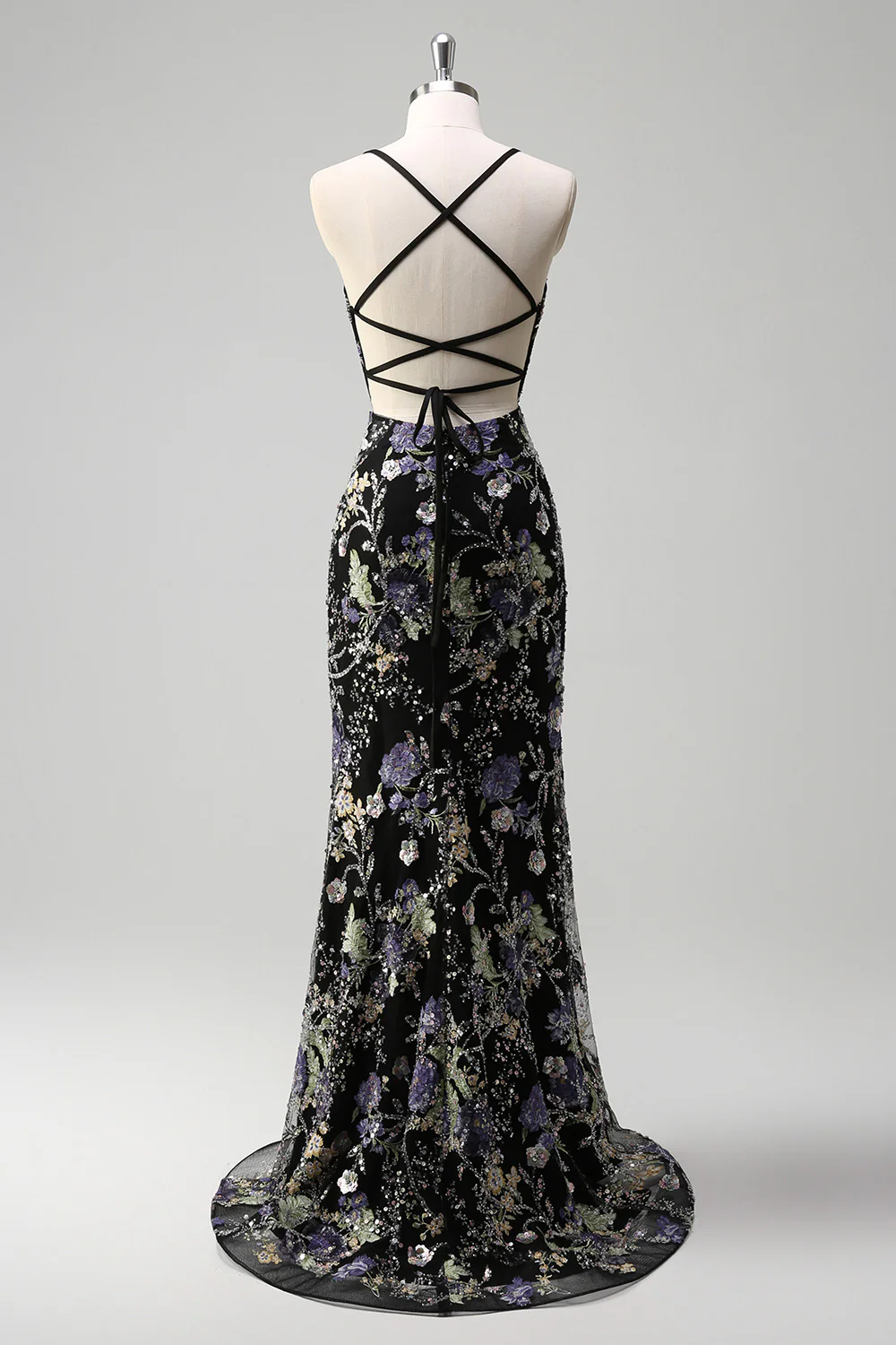 Sparkly Black Floral Mermaid Lace-Up Back Long Prom Dress - VNBITS