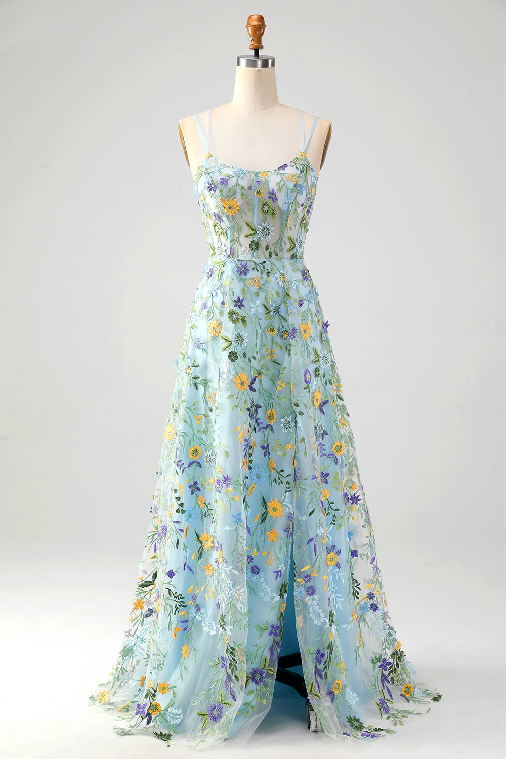 Blue Flower A Line Spaghetti Straps Corset Embroidered Prom Dress with Slit - VNBITS