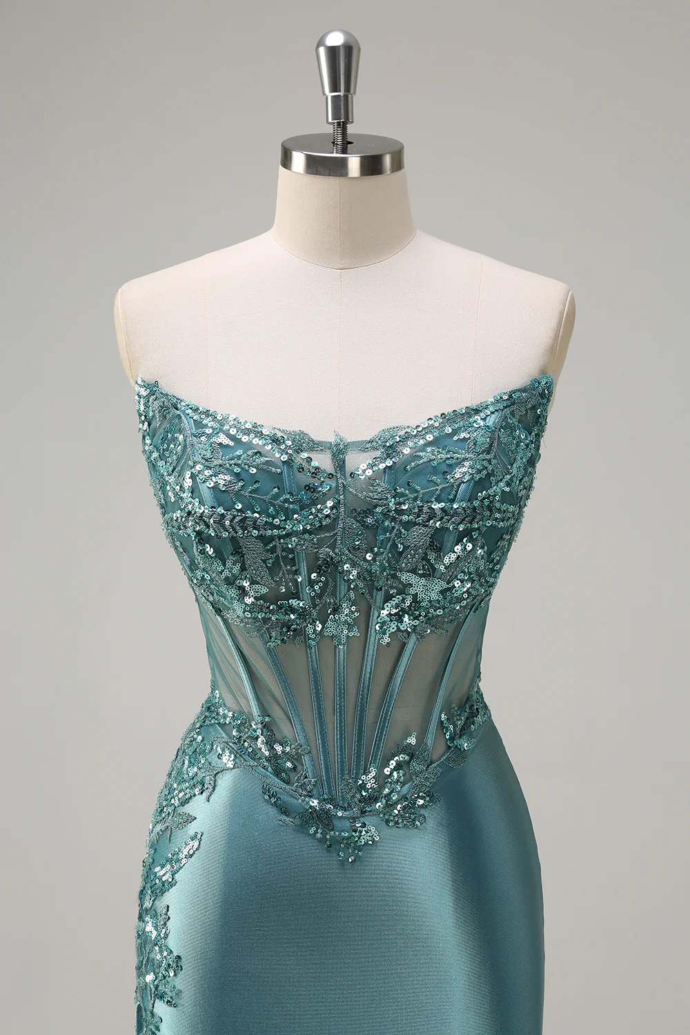 Grey Green Satin Mermaid Applique Long Prom Dress with Slit - VNBITS