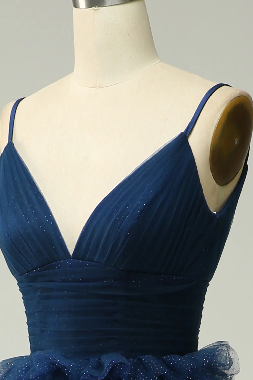 A Line Spaghetti Straps Navy Tiered Prom Dress - VNBITS