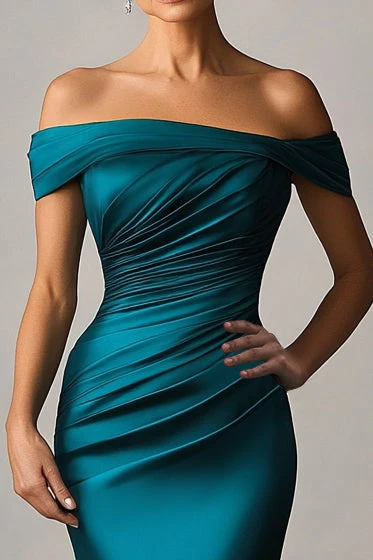 Peacock Blue Mermaid Off The Shoulder Ruched Satin Formal Dress - VNBITS