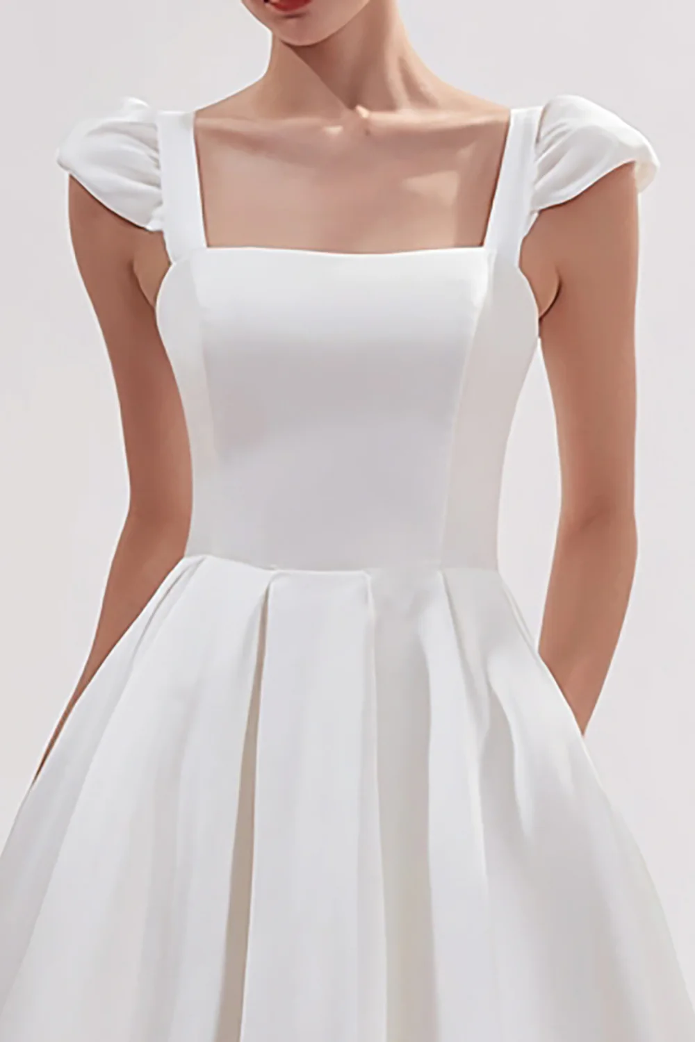 White Satin Square Neck A Line Long Wedding Reception Dress - VNBITS