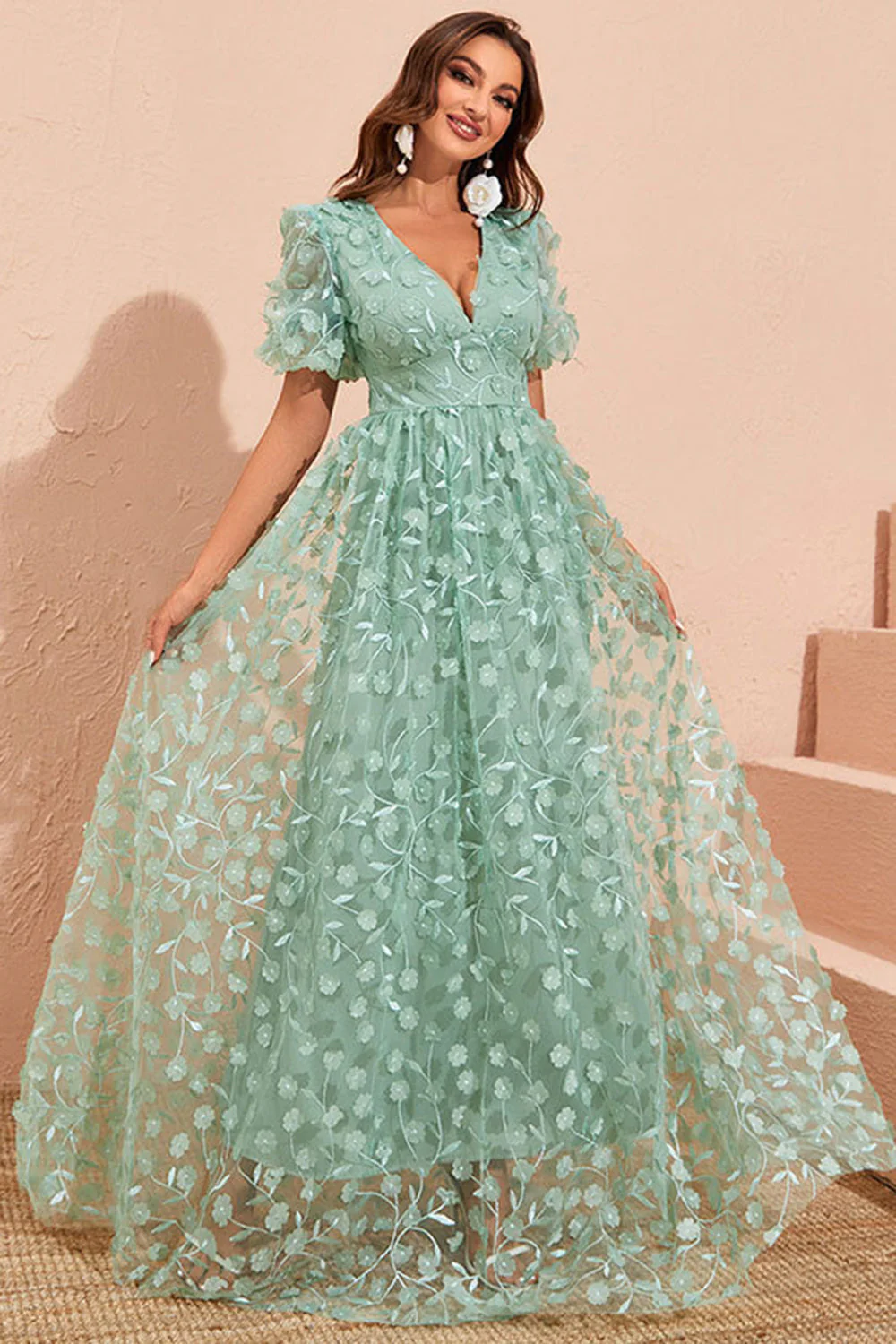 Green A Line Puff Sleeves Prom Dress with Appliques - VNBITS