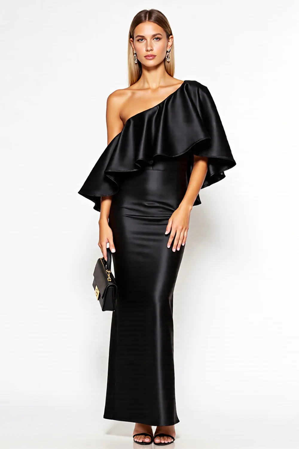 Black Sheath One Shoulder Satin Long Black Tie Dress with Ruffles - VNBITS