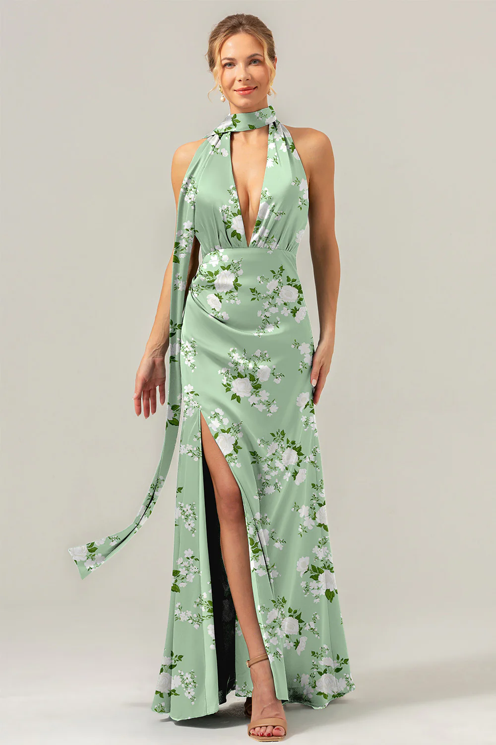 Sage White Flower Sheath Halter Long Prom Dress with Slit - VNBITS