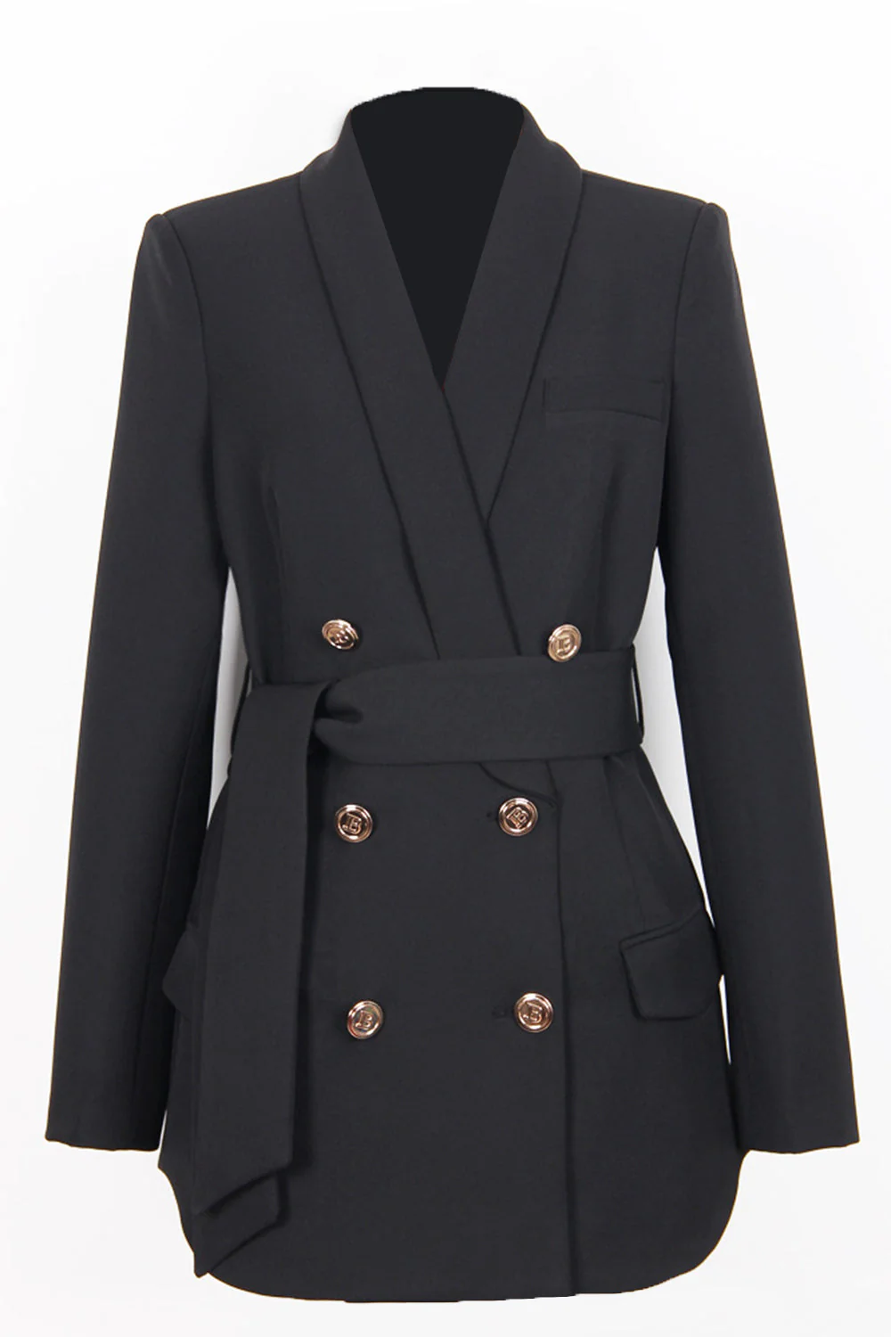 Black Shawl Lapel Double Breasted Long Women Blazer with Belt - VNBITS