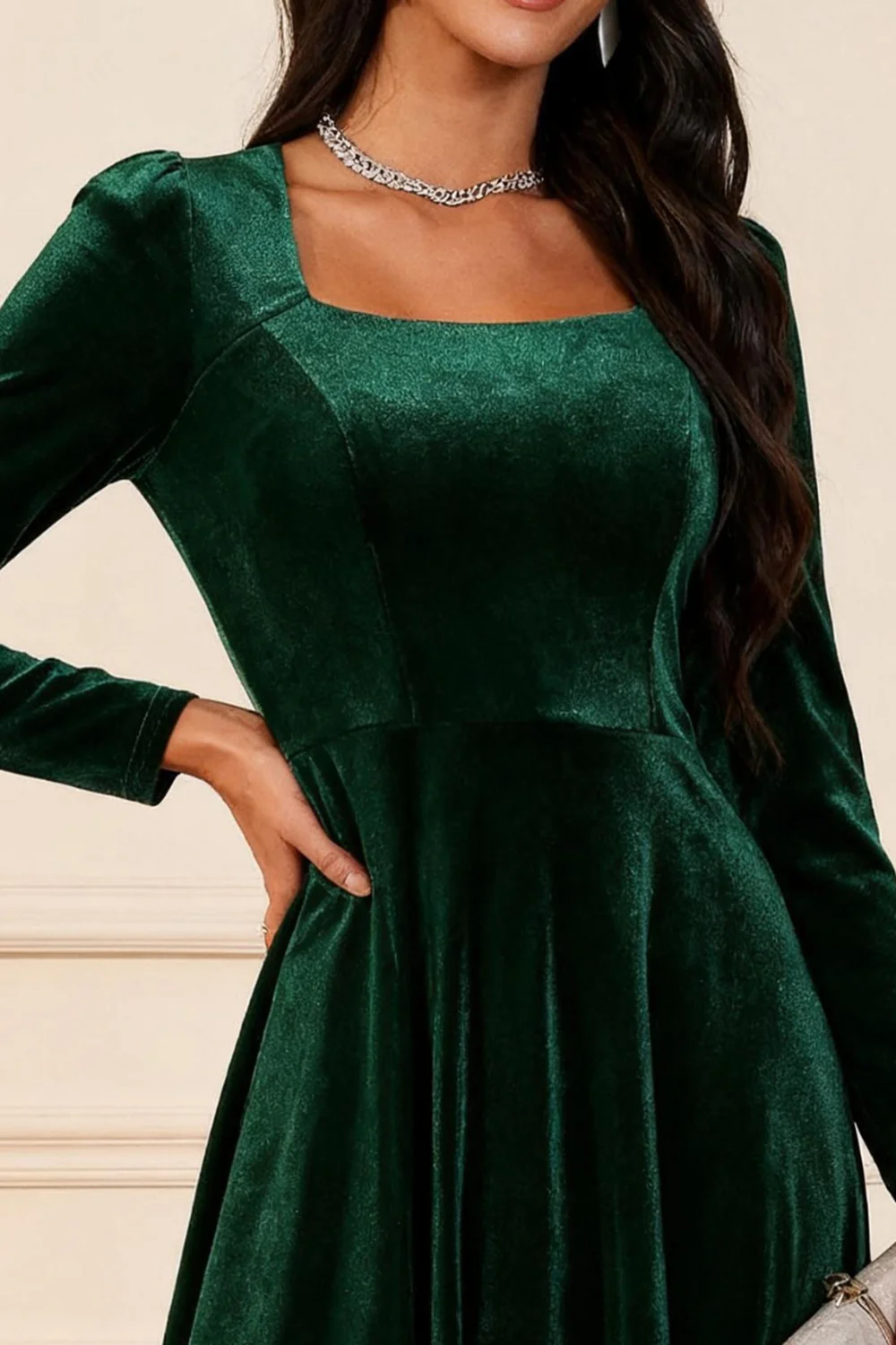 Dark Green A Line Velvet Midi Glitter Holiday Party Dress with Sleeves - VNBITS