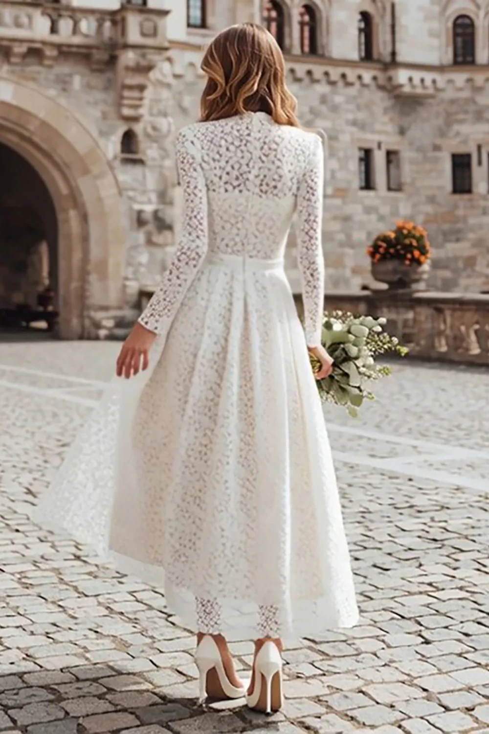 Ivory Lace A Line Long Sleeves Wedding Dress - VNBITS