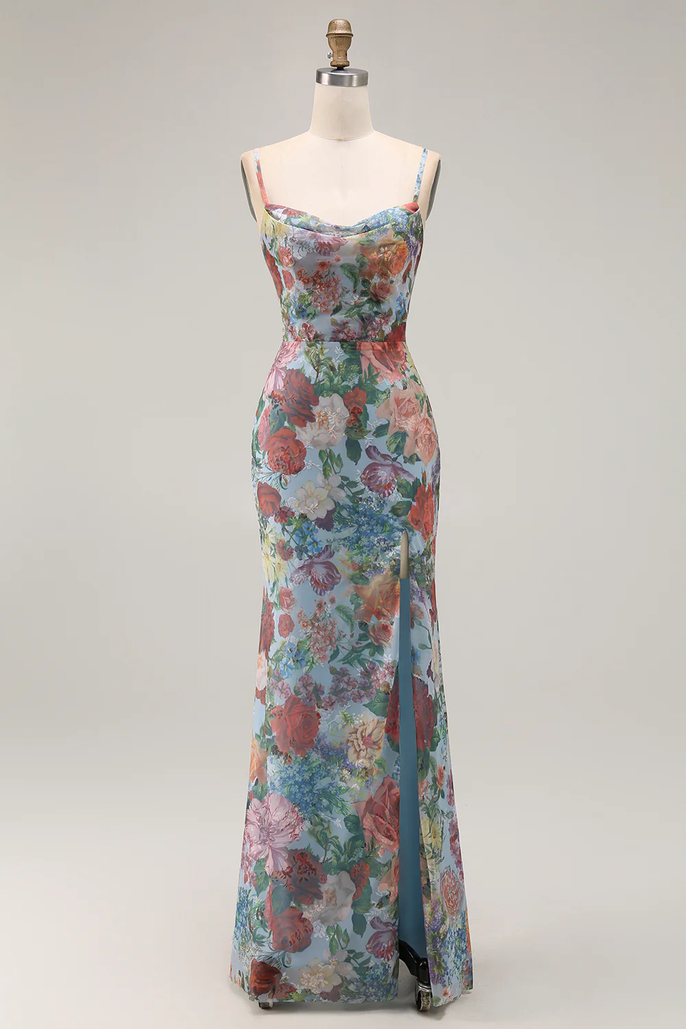 Blue Floral Spaghetti Straps Long Wedding Guest Dress with Slit - VNBITS