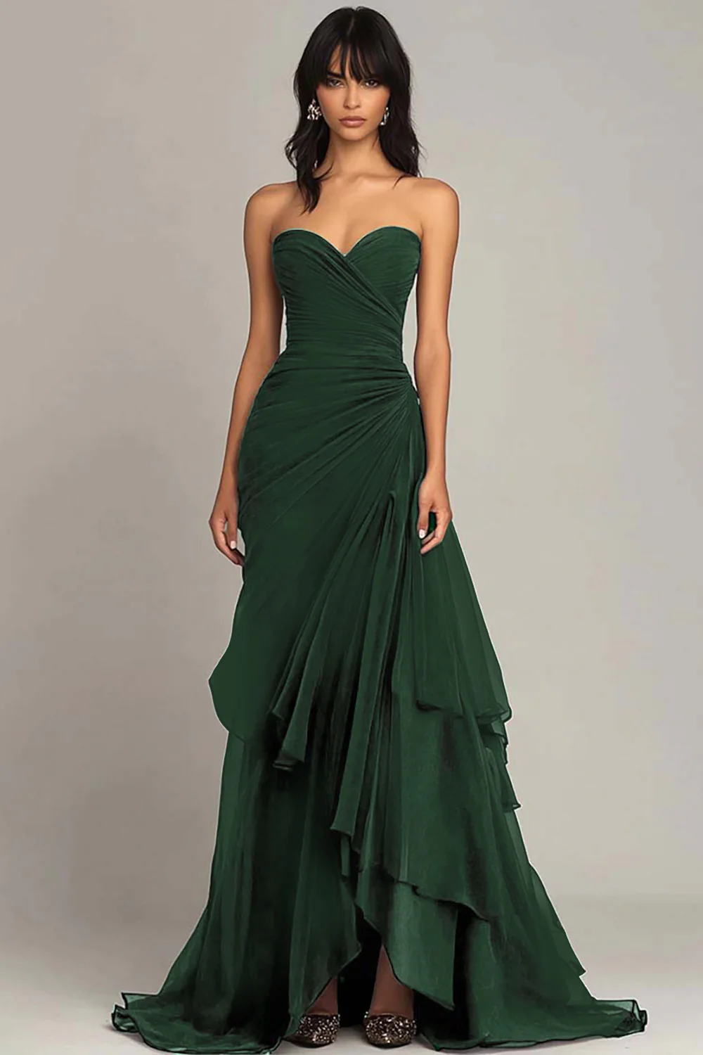 Dark Green Sweetheart Ruched Ruffled Formal Dress - VNBITS