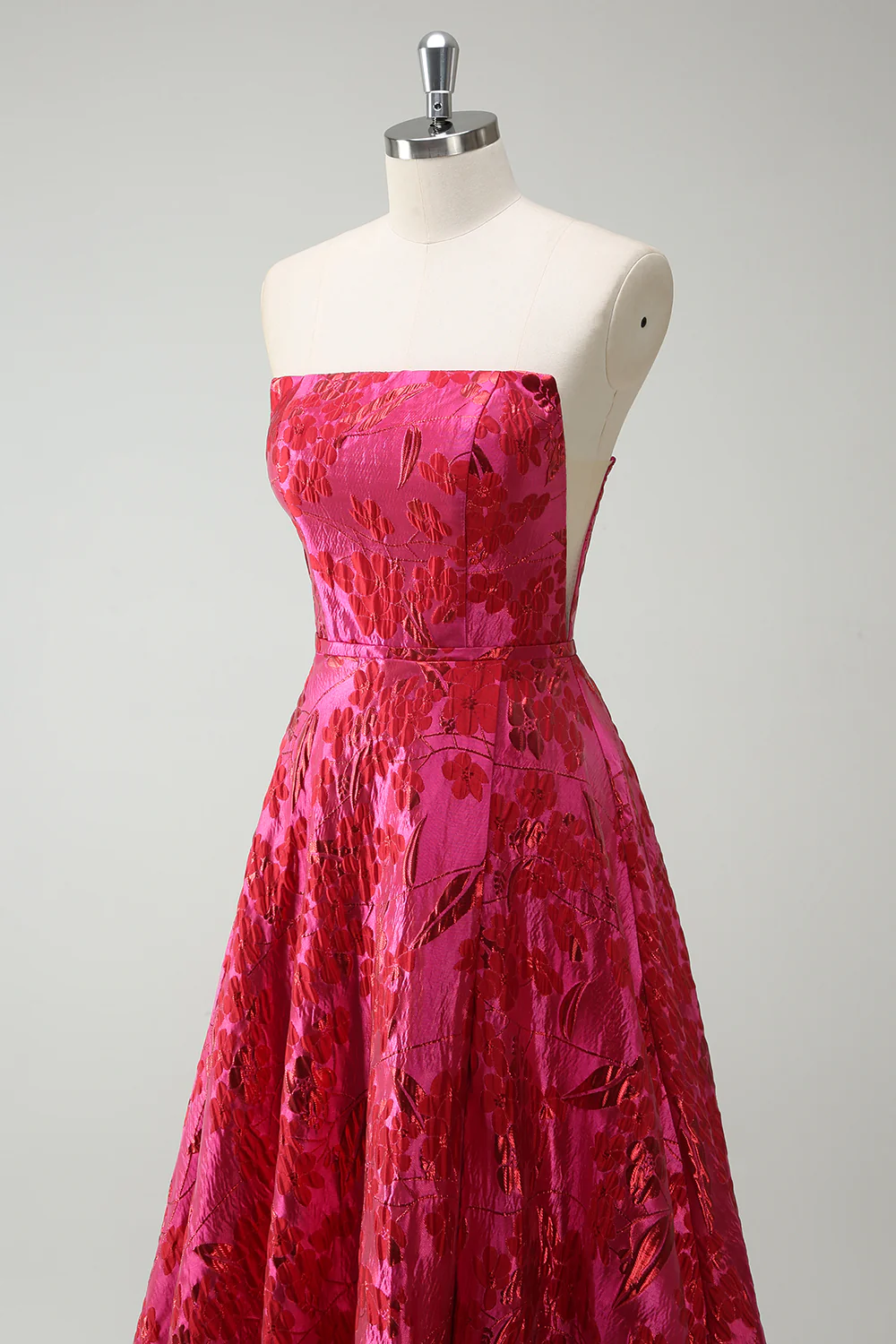 Strapless Fuchsia A Line Floral Long Prom Dress with Slit - VNBITS