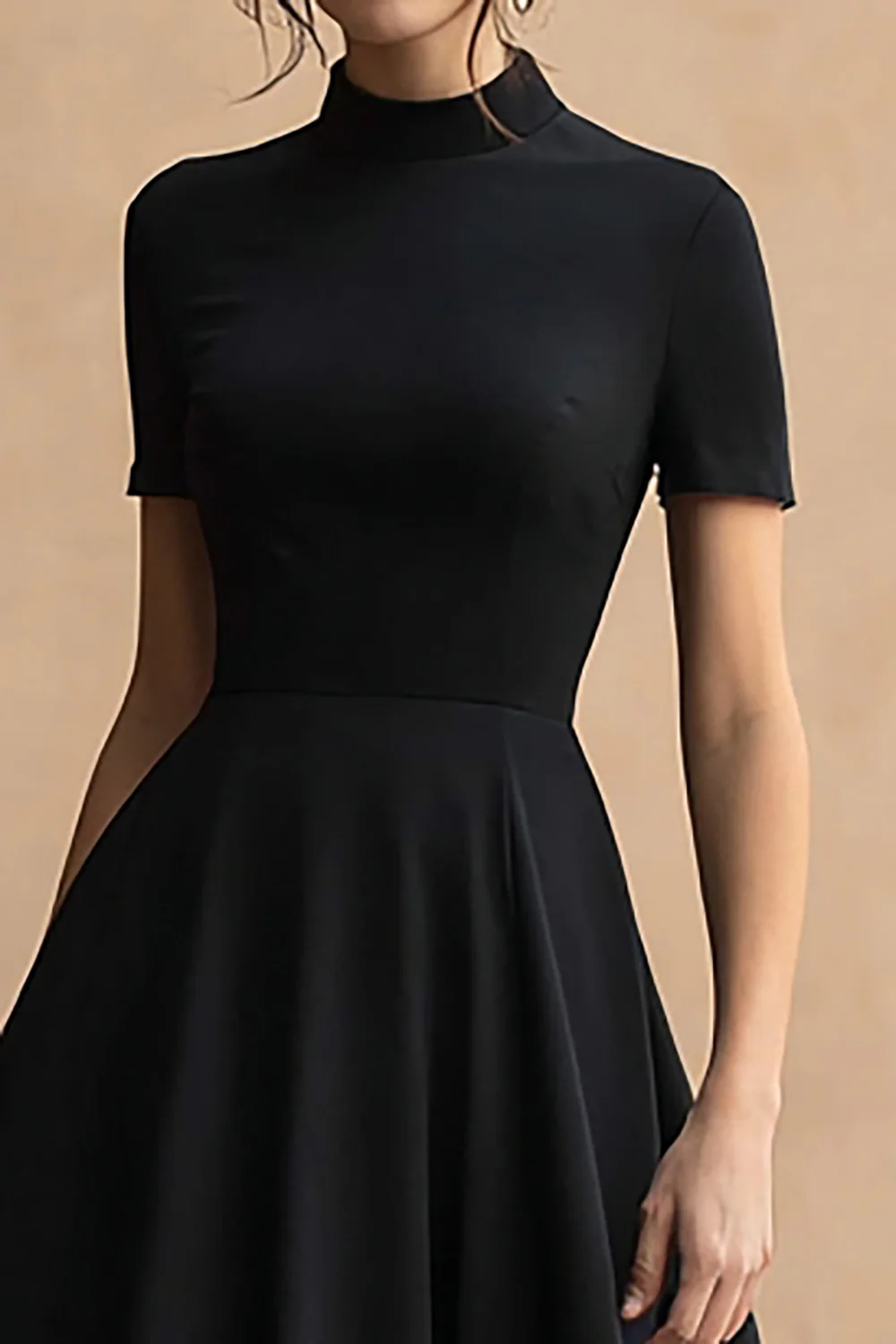 Black Satin High Neck A-Line Short Sleeves High-Low Formal Dress - VNBITS