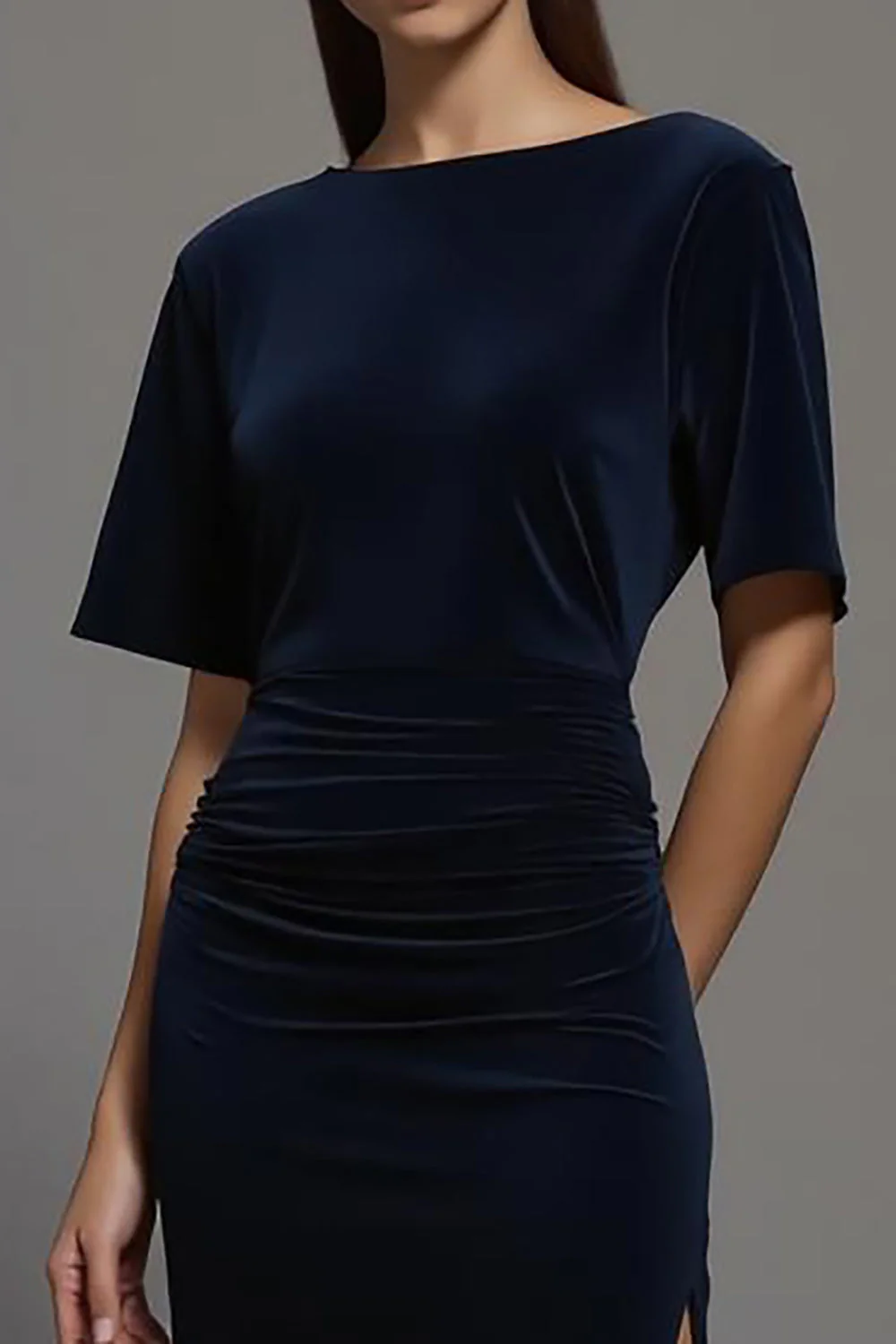 Navy Velvet Bateau Neck Sheath Long Formal Dress with Sleeves - VNBITS