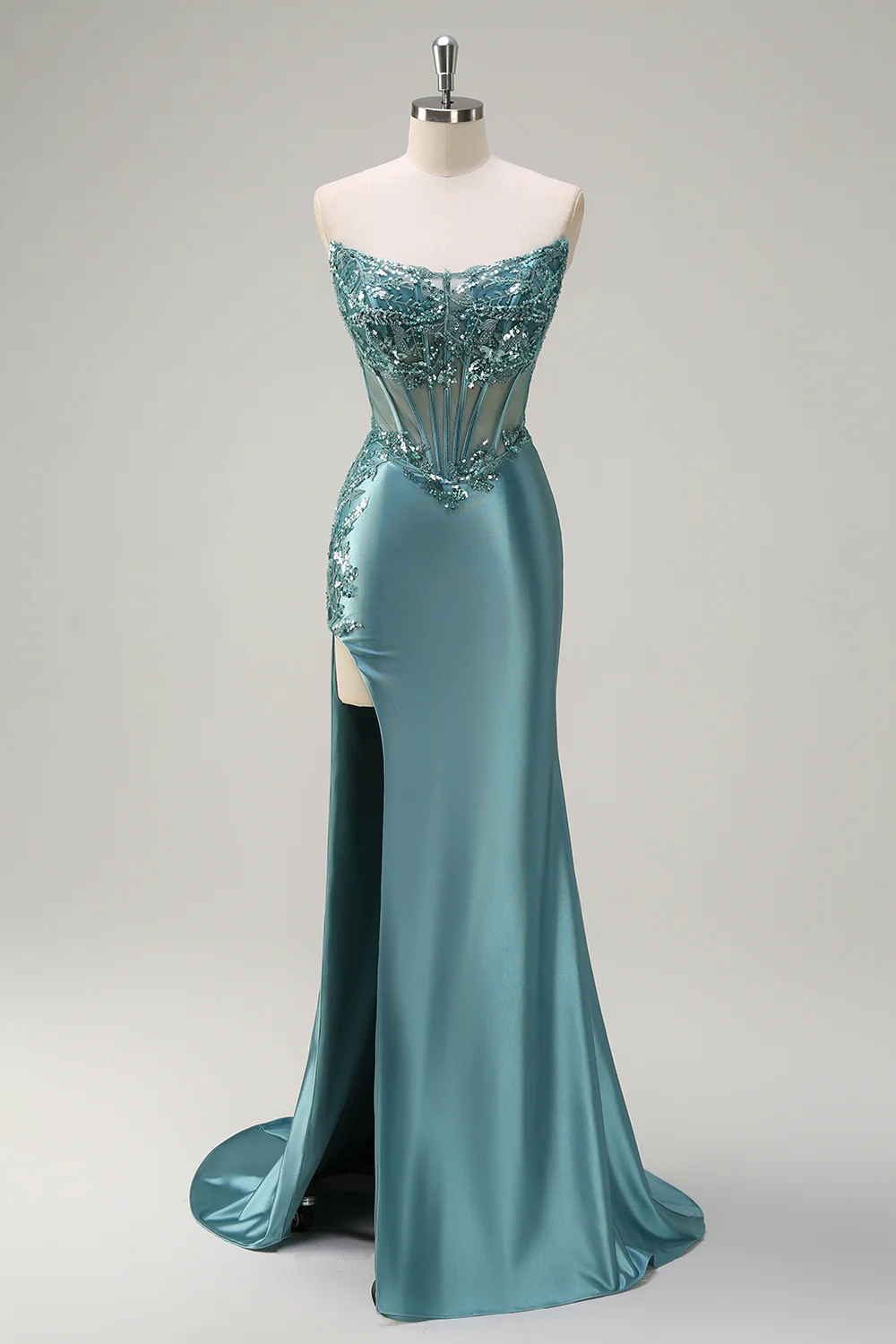 Grey Green Satin Mermaid Applique Long Prom Dress with Slit - VNBITS