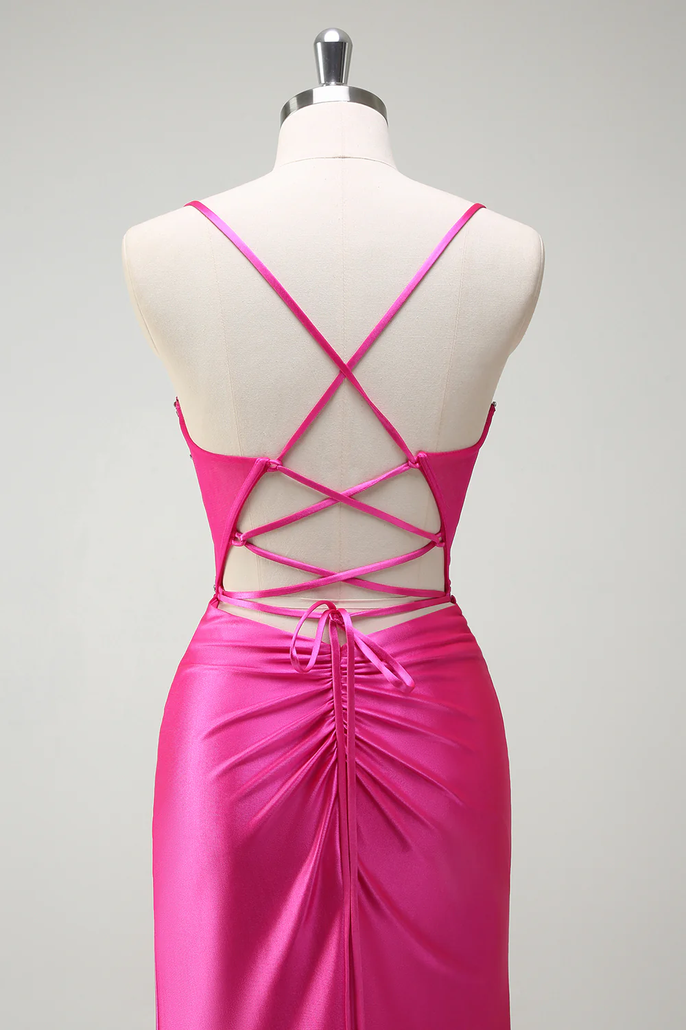 Fuchsia Spaghetti Straps Beaded Mermaid Long Prom Dress with Slit - VNBITS