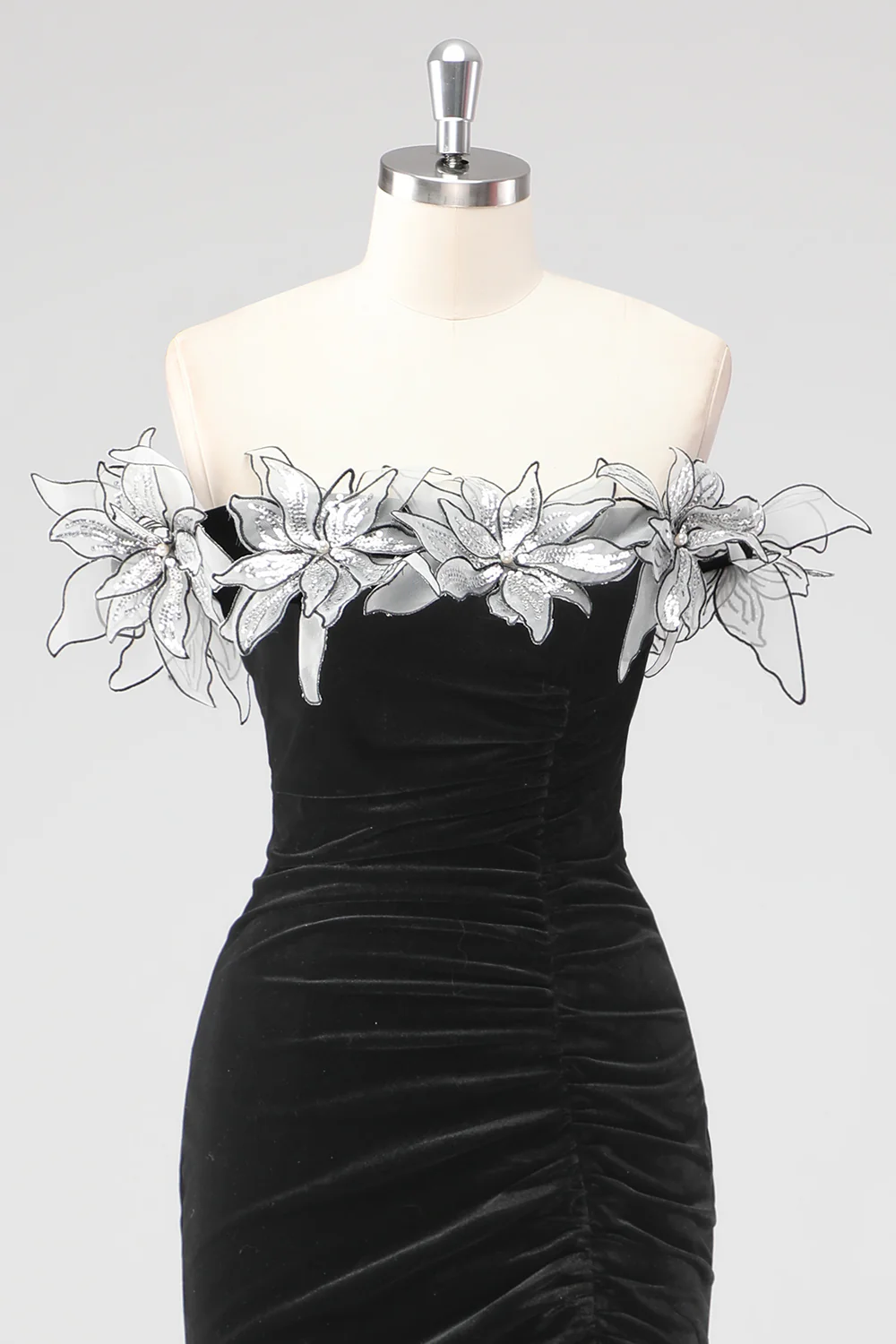 Black Velvet Sheath Formal Dress with 3D Flowers - VNBITS