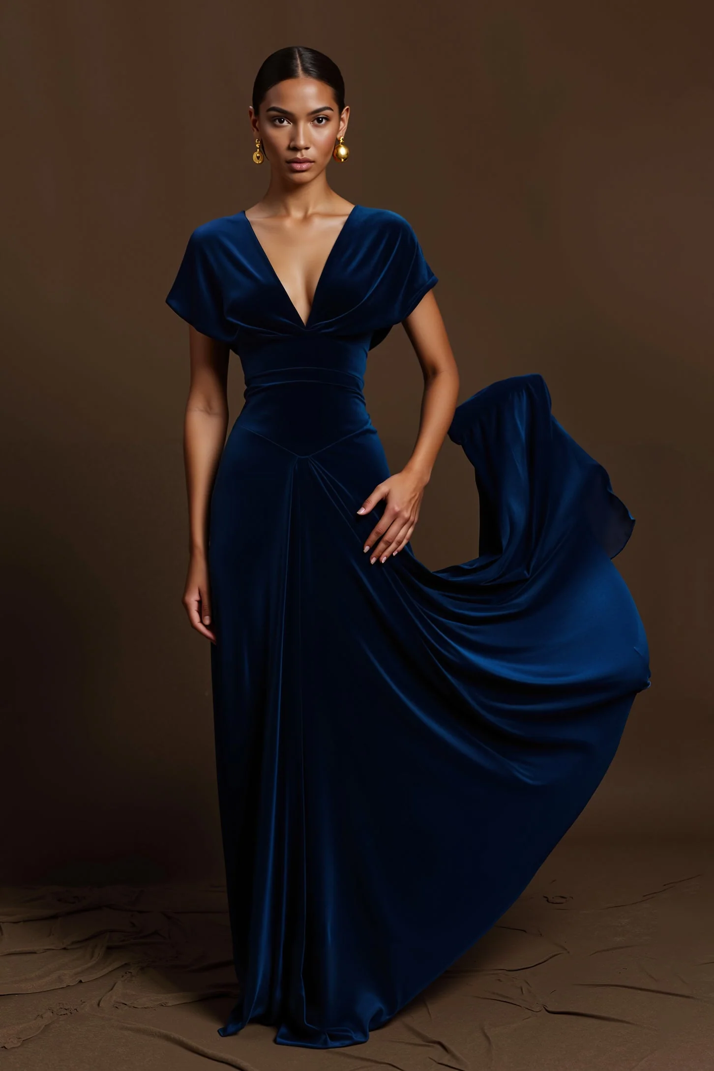 Simple Royal Blue V-Neck Long Holiday Party Dress with Sleeves - VNBITS