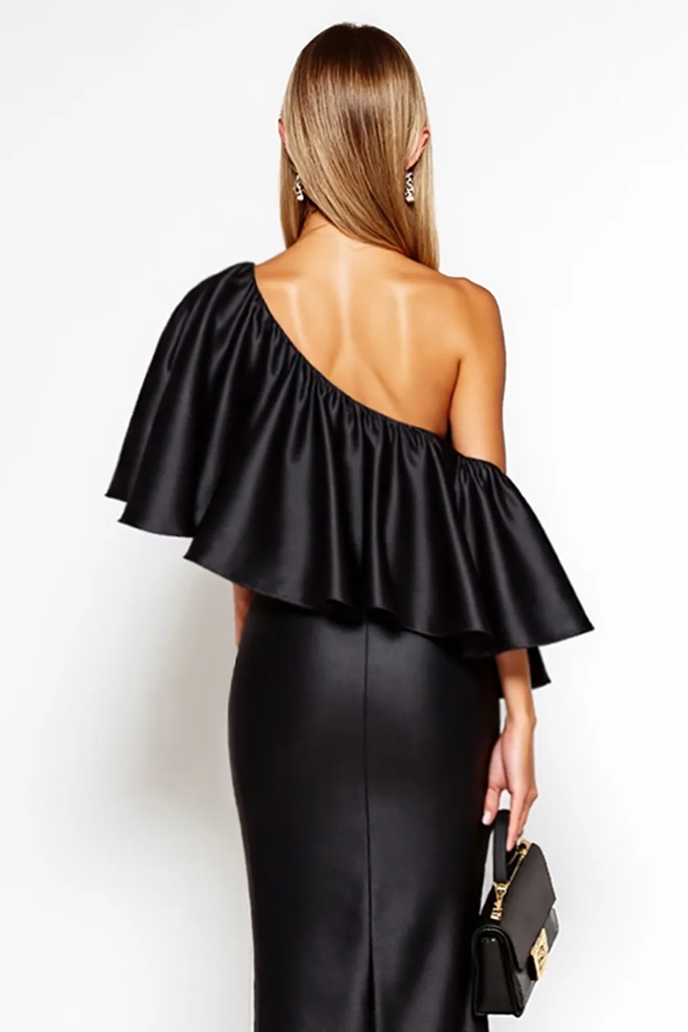 Black Sheath One Shoulder Satin Long Black Tie Dress with Ruffles - VNBITS