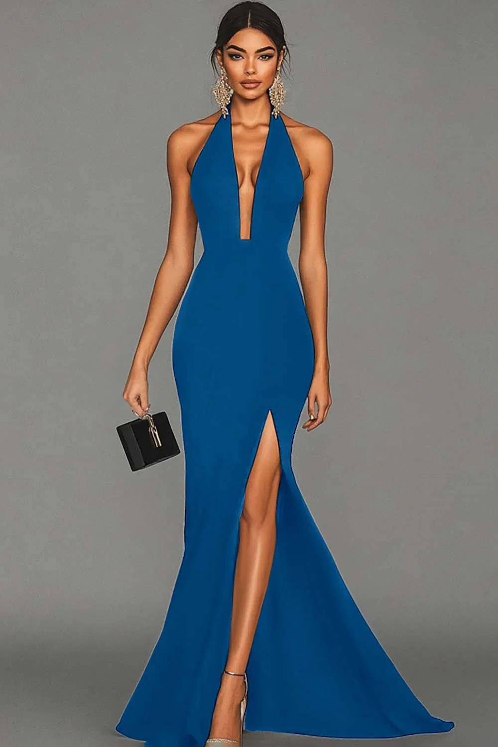 Black Mermaid Halter Neck Long Satin Formal Dress with Slit - VNBITS