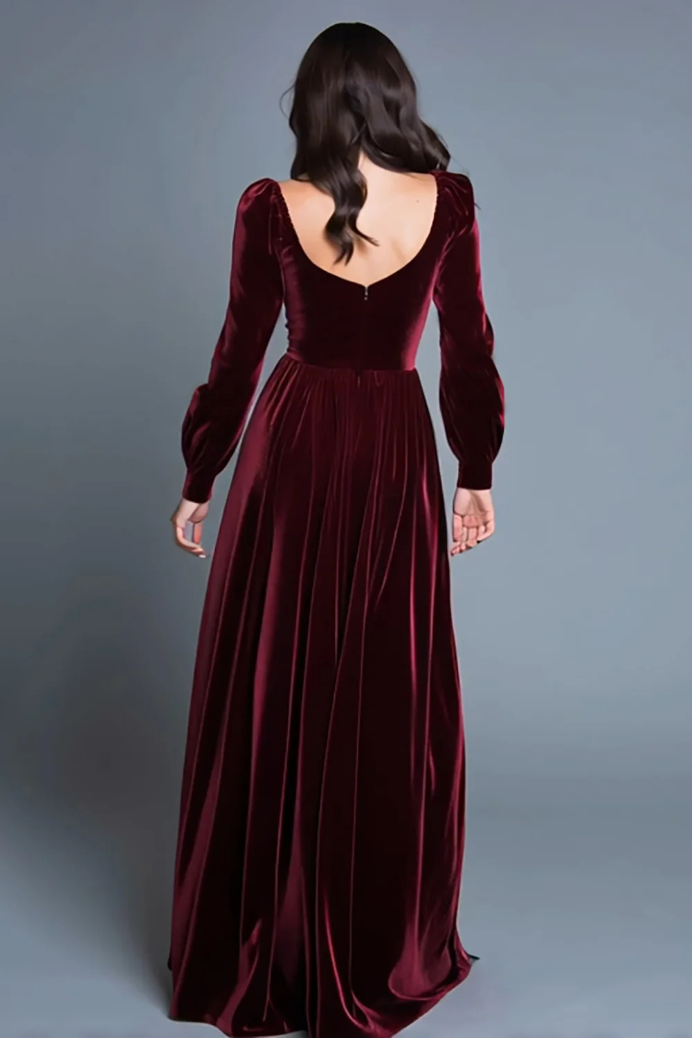Burgundy Long Sleeves A-Line Velvet Long Holiday Party Dress with Slit - VNBITS