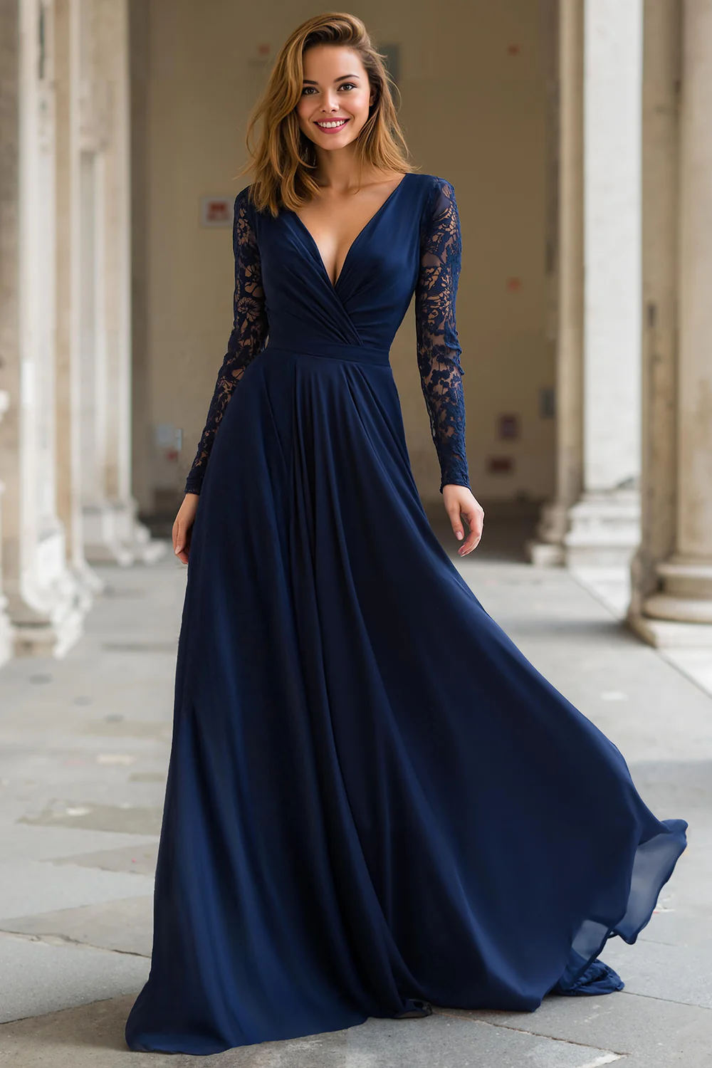 Navy V-Neck Chiffon A-Line Long Mother of the Bride Dress with Lace - VNBITS