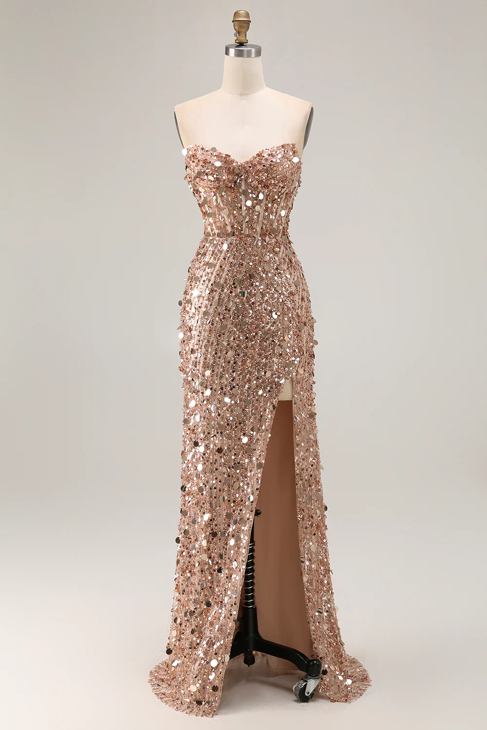 Sparkly Champagne Corset Beaded Long Prom Dress with Slit - VNBITS